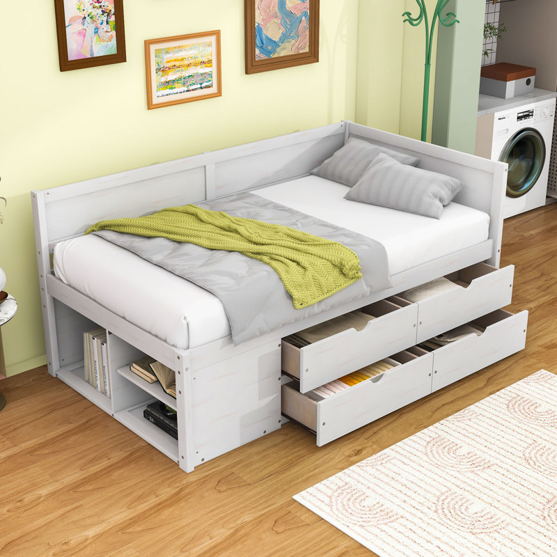 Wood Daybed with Pull-Out Drawers and Shelves, Twin, White
