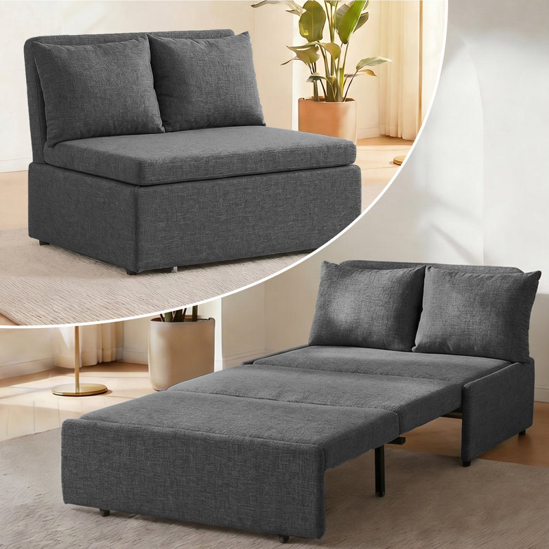 Canapé-lit convertible 44 po avec tissu en lin et capacité de 300 lb, Gris foncé
