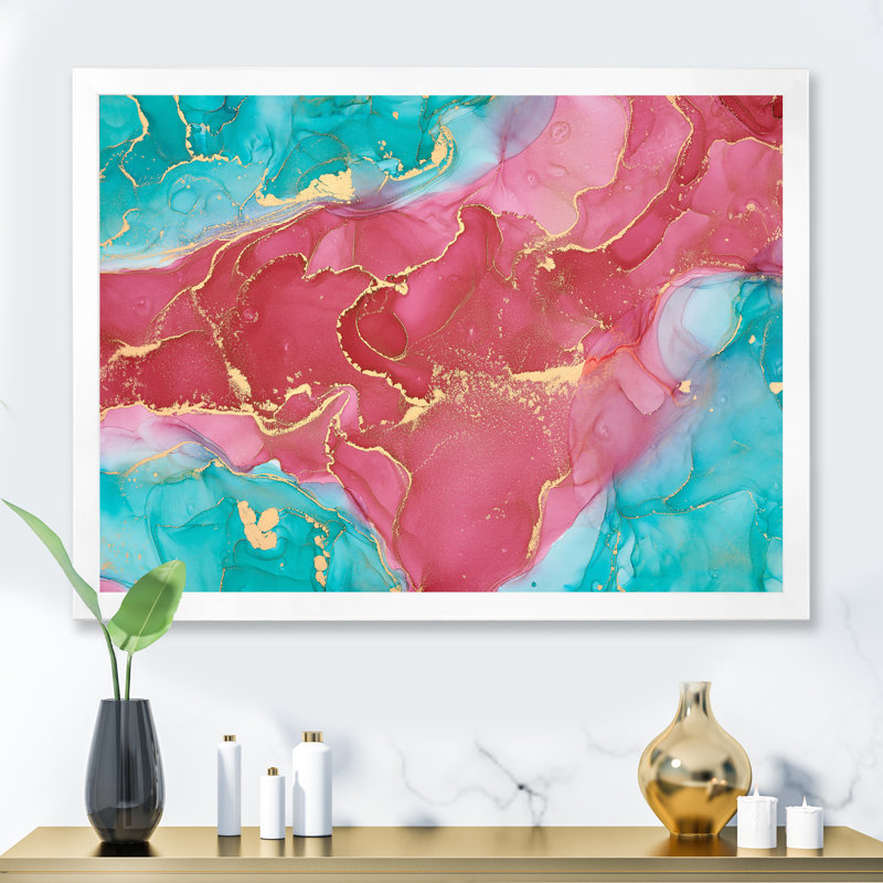 Reproduction d'art sur toile, rose et turquoise, H 12 po x l 20 po x P 1 po, Cadre photo blanc