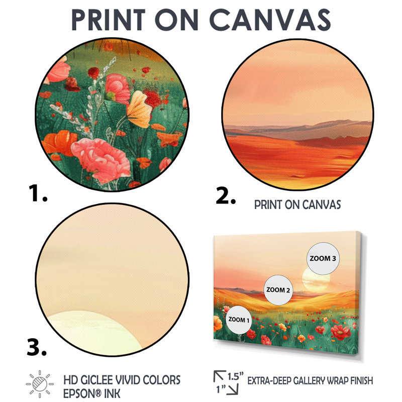 «Flower Meadows At Sunset II - Landscape Mountains», art mural, H 28 po x l 60 po x P 1,5 po, Encadrement argenté
