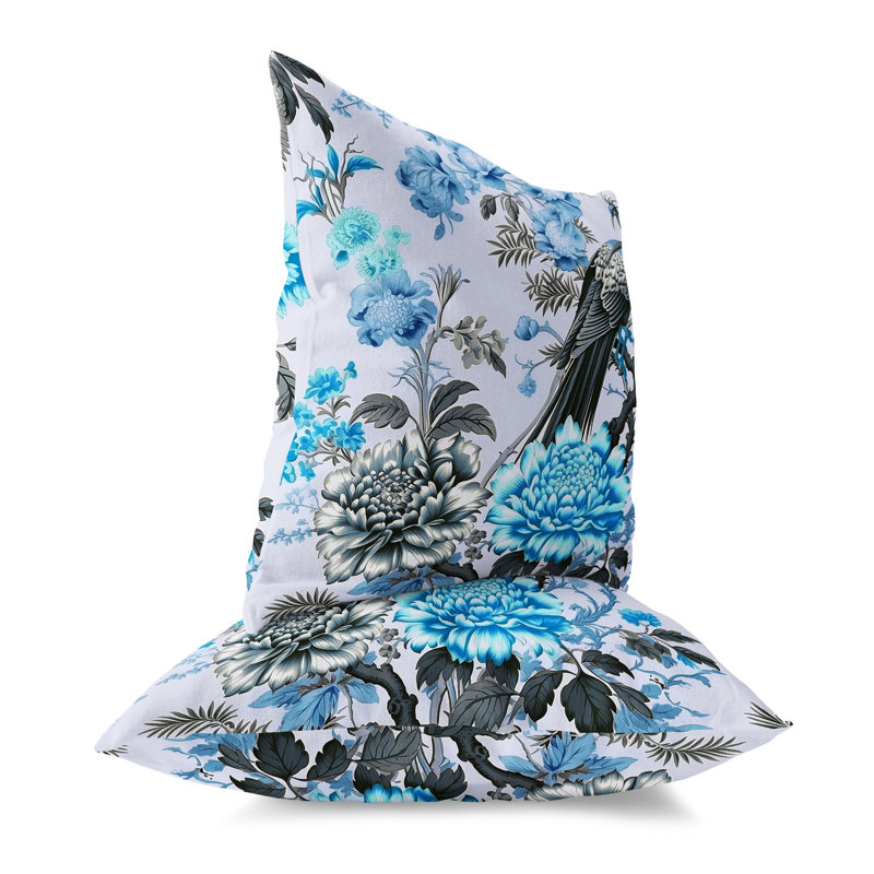 Blue and Gray Faux Suede Peacock Throw Pillow