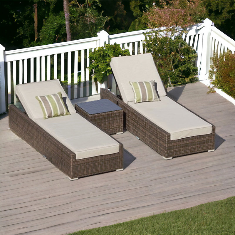 Riviera Elegance Brown Rattan 3-Piece Outdoor Chaise Lounge Set with Beige Cushions