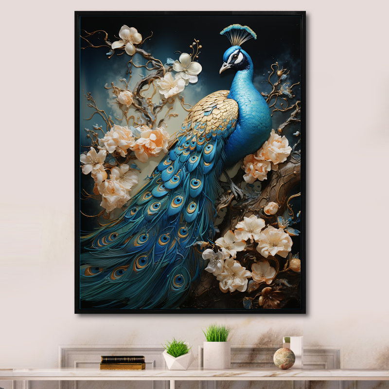 Ysaline Peacock Encaustic Portrait I - paon, art mural sur toile, H 40 po x l 30 po, Cadre flottant noir