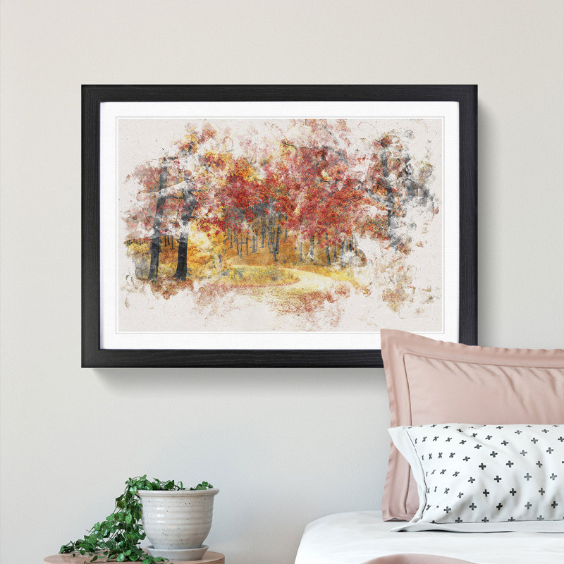 Path Through the Forest at Autumn - Picture Frame Painting Print, 62cm H x 87cm W x 2cm D, Black Framed
