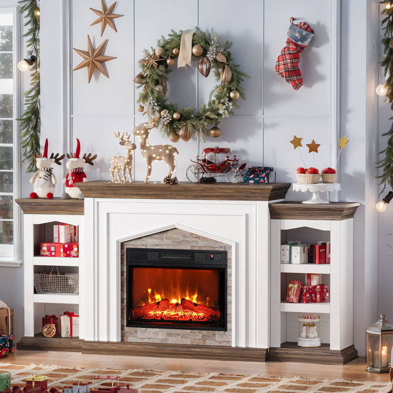 80" Electric Fireplace With Mantel, Tv Stand For Tvs Up To 90 Inch, Farmhouse Entertainment Center With Storage,23'' Fireplace Insert Heater For Living Room，white&brown