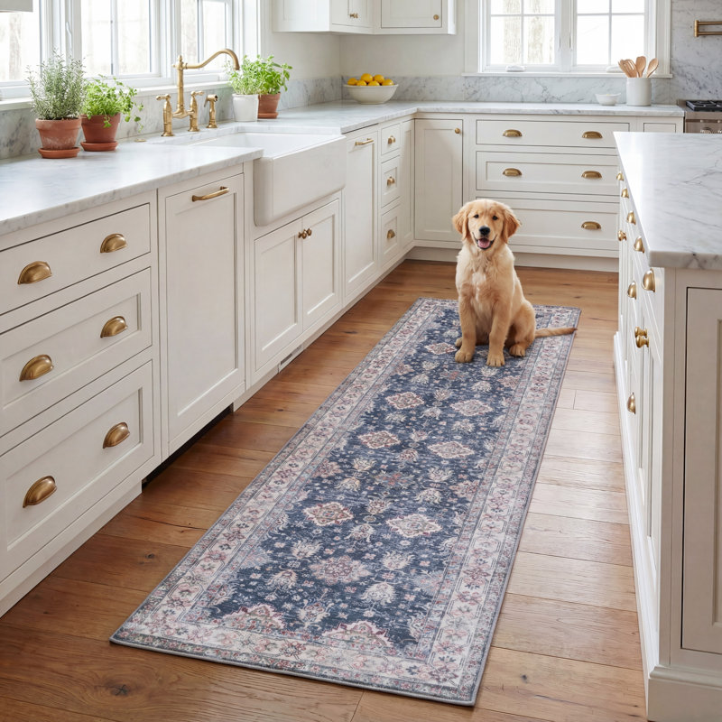 Tapis oriental bleu marine / beige, Tapis de couloir 2 pi 6 po x 8 pi
