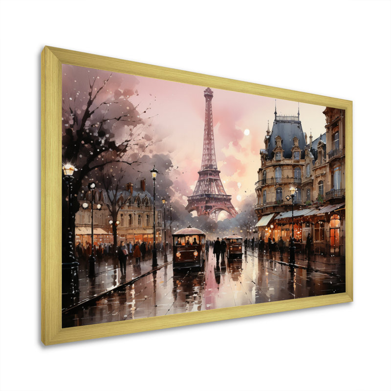 «Pink Twilight Rendezvous In Paris I», art mural de Paris pour le salon, H 12 po x l 20 po, Cadre photo unique, Doré