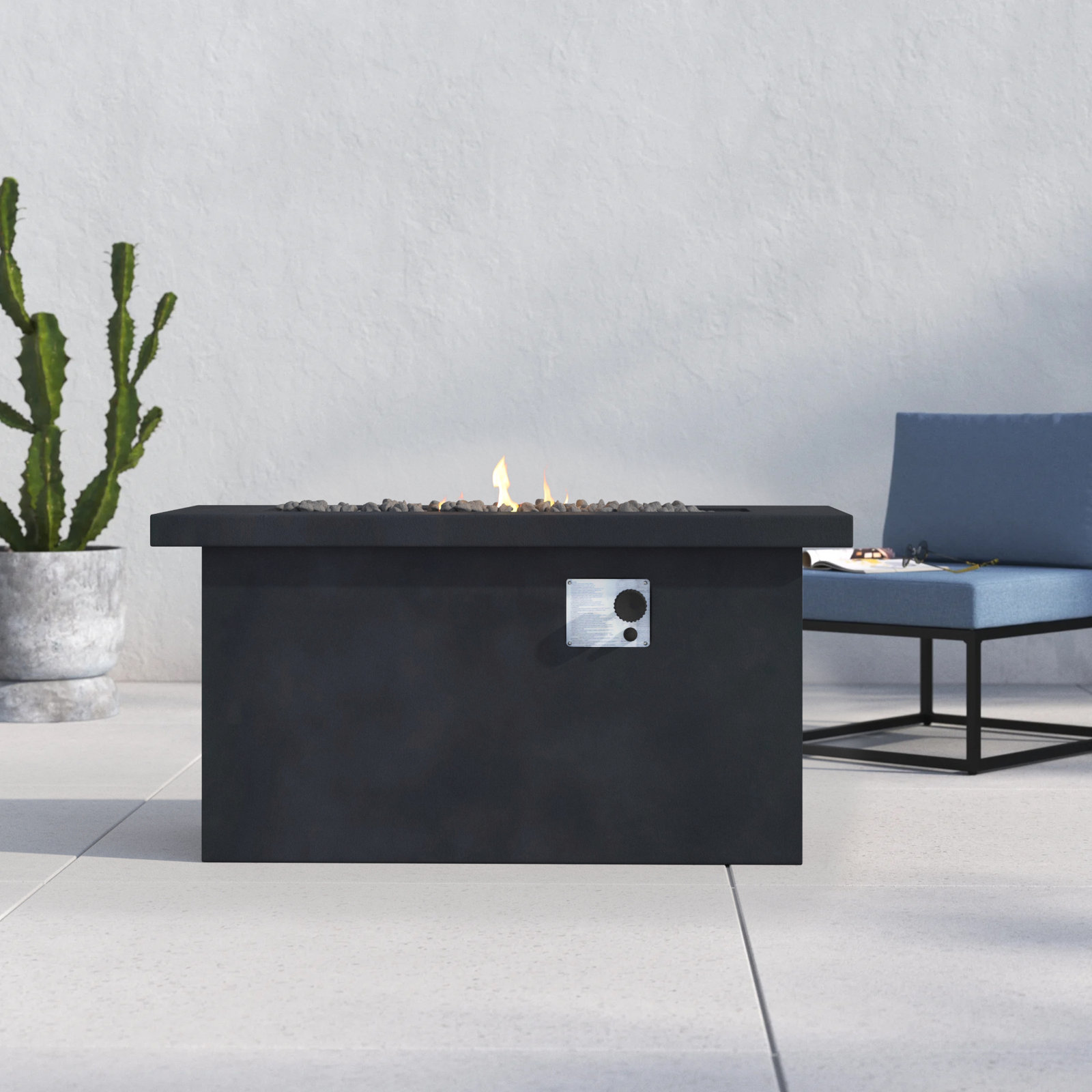Rashid Rectangle Fire Pit Table, 24" H x 42" W x 20" D, Charcoal