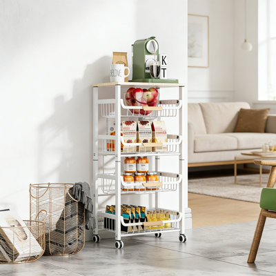 5-Layer Fruit Basket Kitchen Food Storage Organizer, Stackable Cart With Desktop, Pull-Out Hollow Metal Basket, Wheeled Sorting Rack
