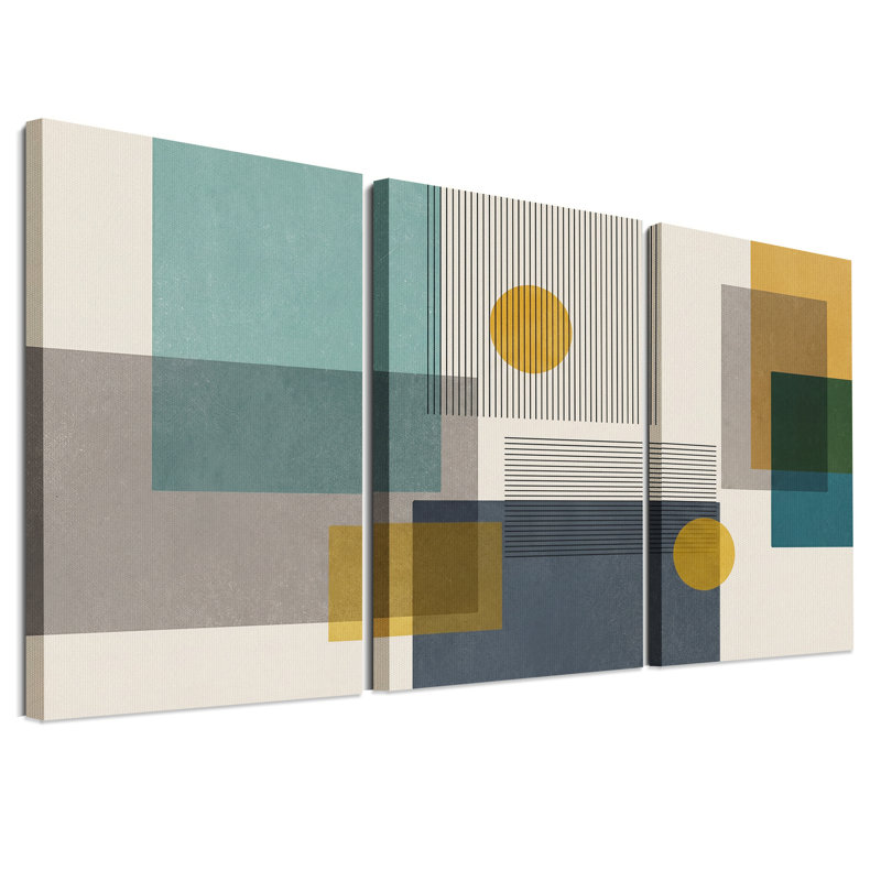 Ensemble de 3 toiles murales à motifs géométriques dans des tons bleu sarcelle et moutarde., H 24 po x l 16 po x 3 pièces