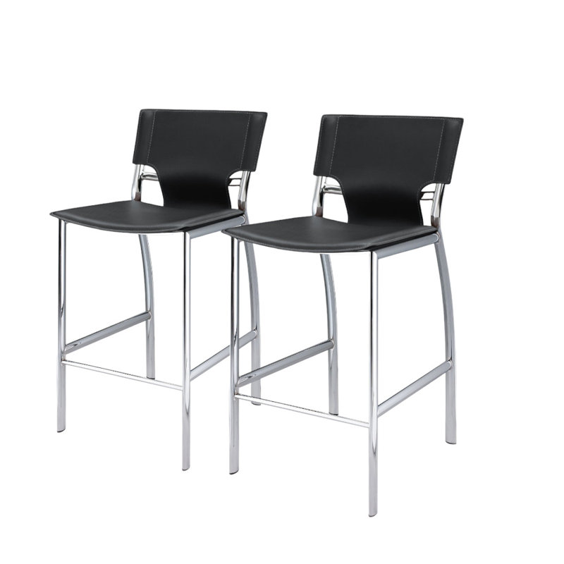 Ensemble de deux chaises de bar à hauteur de bar à dossier bas en métal et similicuir noir et argent de 29 po