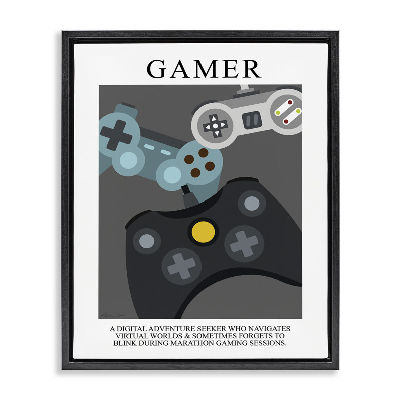 «Gamer», affiche rétro encadrée sur toile flottante grise par Susan Ball, H 21 po x l 17 po, Cadre flottant noir de jais