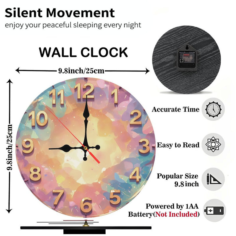 Horloge aquarelle, chiffres dorés