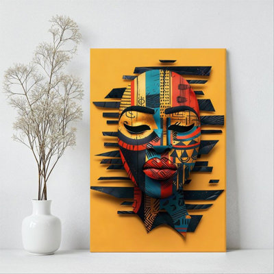 1Pc Framed Canvas Poster Print African Masks, Geometric Collage Elements, Cubist Art Style Wall Art Wall Pediments, Wall Decor, Perfect for Room Decor