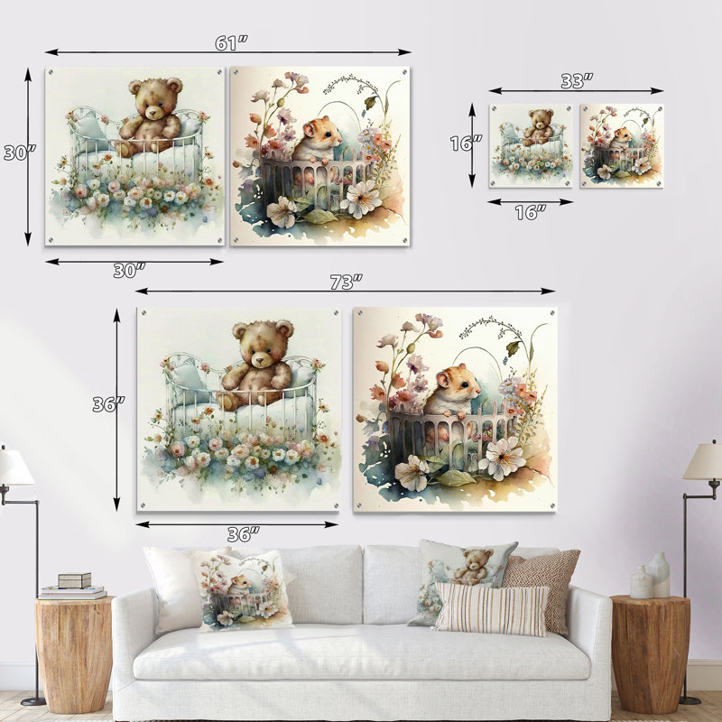 Ours en peluche dans un lit de bébé avec fleurs III, H 16 po x l 33 po