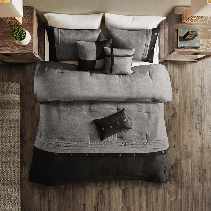 Édredon brun clair - édredon 7 pièces en faux suède avec boutons décoratifs, Gris, Grand édredon et 6 pièces supplémentaires