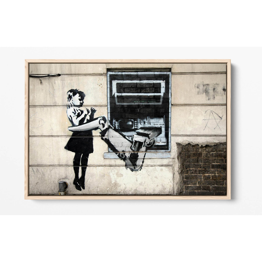 Banksy Robot Cash Machine Canvas Floater Frame Print Picture Art - Walnut Frame