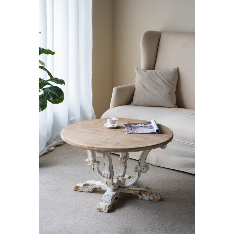 Table basse ronde en bois 31,5 x 31,5 x 18,5 po avec finition blanche patinée et pieds à volutes