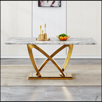 Elegant 70'' Rectangle Faux Marble Dining Table with Mirrored Finish Stainless Steel Base, Perfect for Modern and Spacious Dining Areas