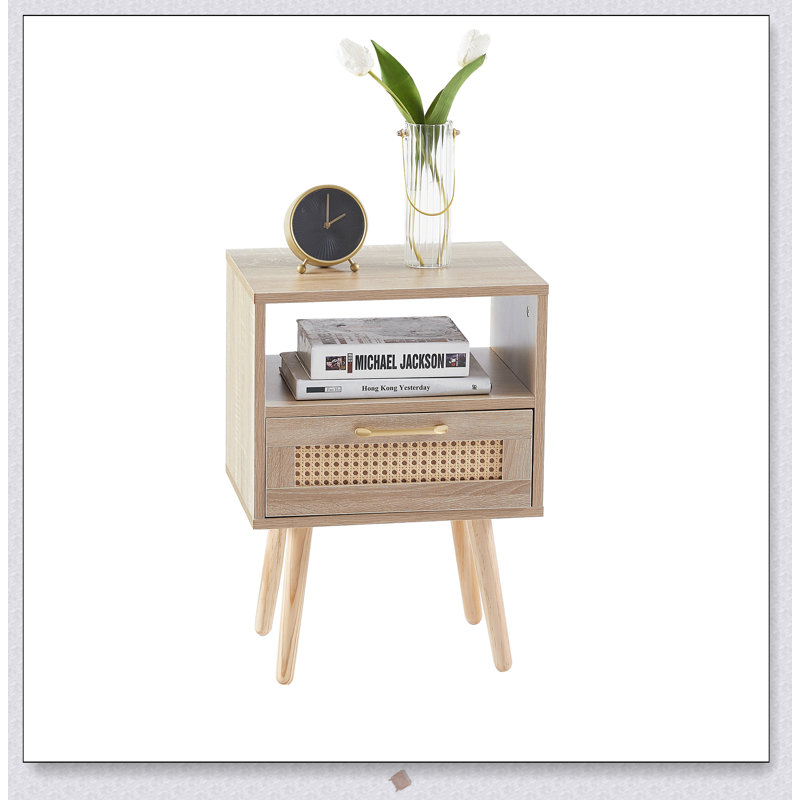 Rattan End Table with Drawer and Solid Wood Legs, Nightstand for Convenient Storage and Charging, Natural