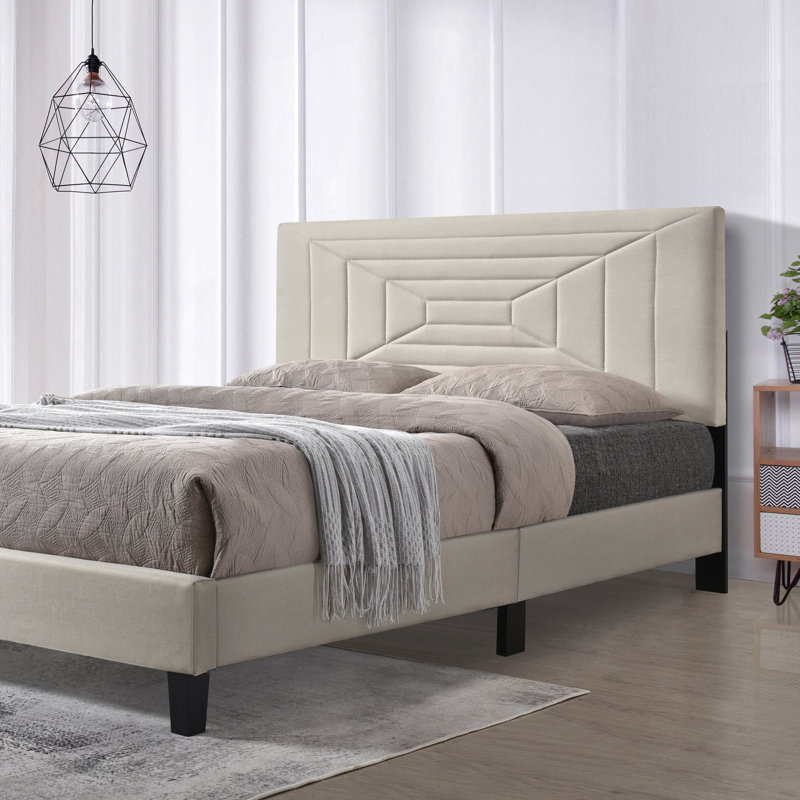 Lit plateforme tapissier touffeté, Beige, Grand