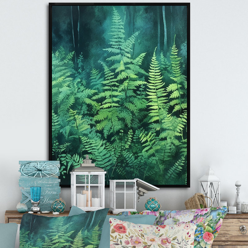Fougère verte III sur toile, Cadre flottant noir, H 44 po x l 34 po x P 1,5 po