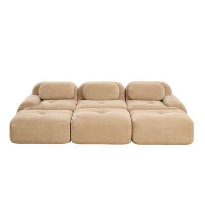 Modular Three Seat Sofa with 3 Ottomans Corduroy Camel Pet Friendly Movie Pit Lounge Set