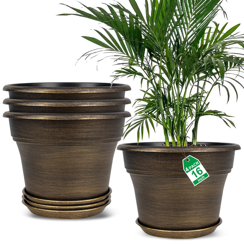 Plastic Flower Plant Pots Set of 4, Gold, 11" H x 16" W x 16" D