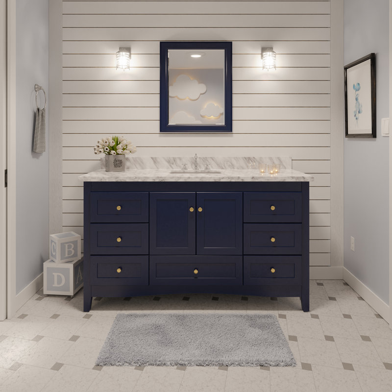 Ensemble de meuble-lavabo simple 60 po Edber, Marbre de Carrare, Bleu royal