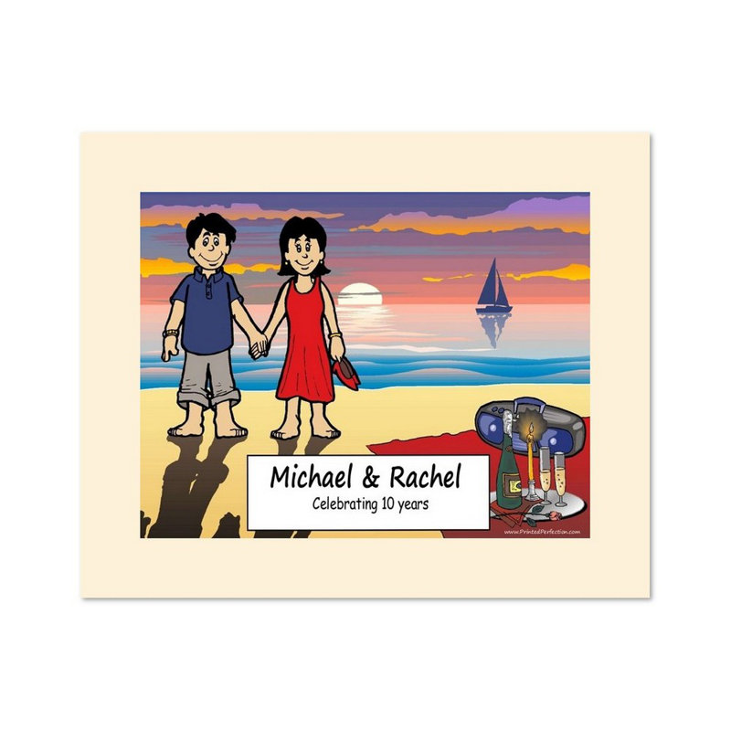 Personalized Lovers on the Beach Cartoon Caricature with a Mat, Ready to Frame, Yes