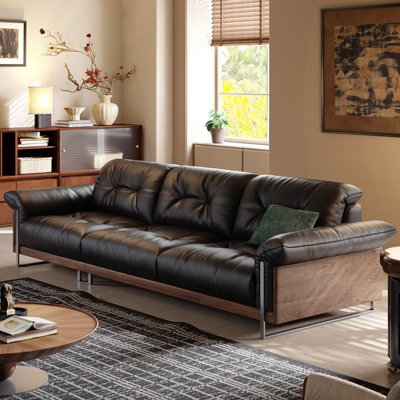 Mid-Century Black Solid Wood Living Sofa