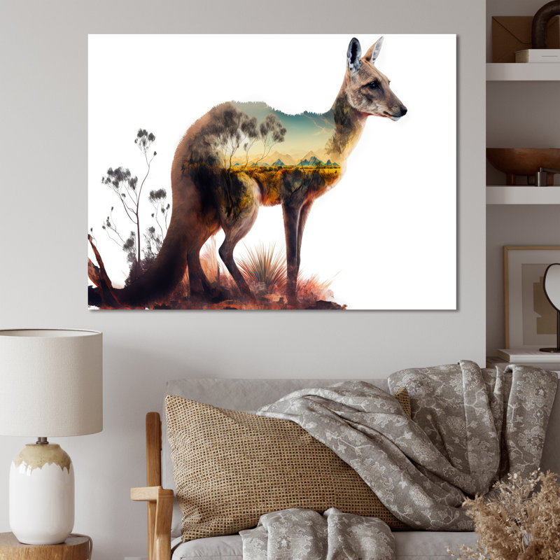Double exposition d'un kangourou avec un paysage australien - Décoration murale moderne en métal, H 12 po x l 20 po x P 1 po