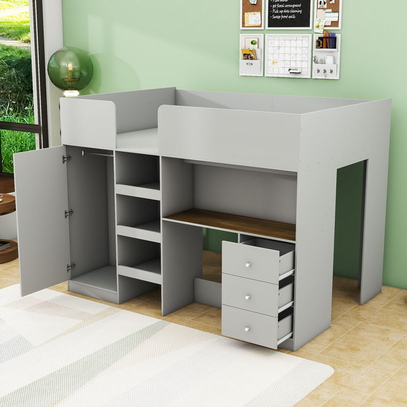 Lit mezzanine double en bois avec garde-robe, bureau, tablettes et tiroirs