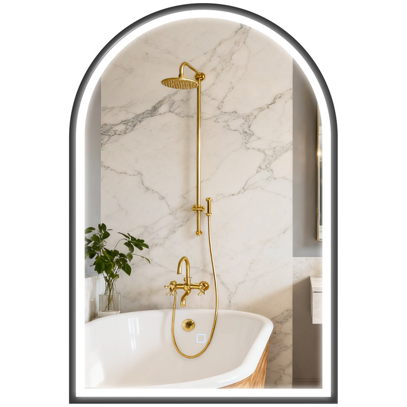 Miroir de salle de bain 24 po x 36 po à DEL, miroir mural arqué, noir