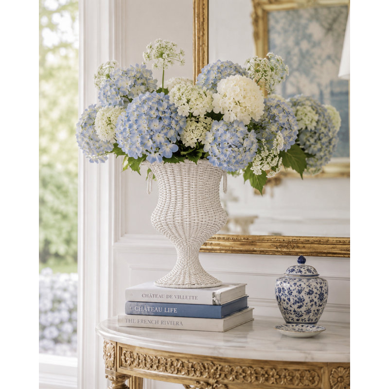 White Round Scalloped Wicker Urn
