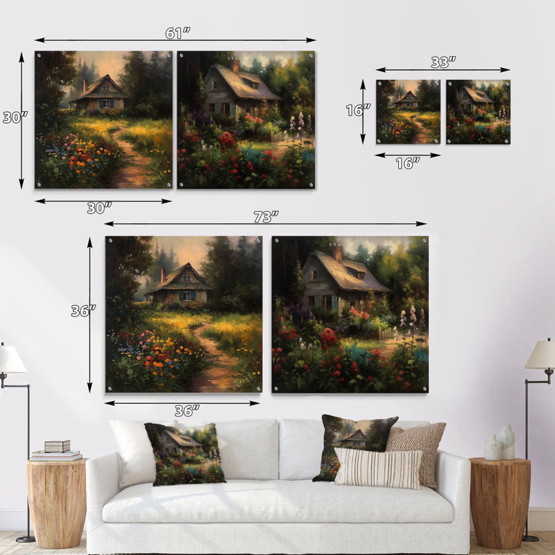 Oasis de campagne pittoresque et jardin I - ensemble de 2 peintures murales en acrylique, H 16 po x l 33 po