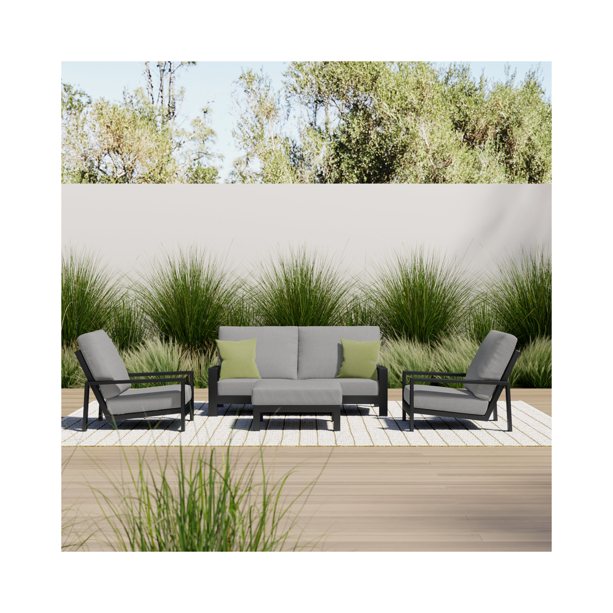 Hoyt 4-Piece Aluminum Lounge Outdoor Modern Conversation Sofa Set with Custom Cover, 	Slate Black