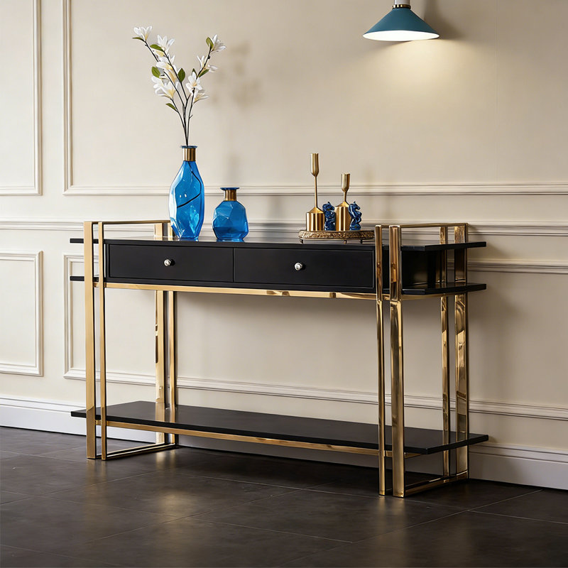 Console moderne dorée et noire, 33.46" H x 39.37" L x 17.72" W