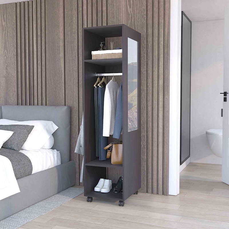 Armoire haute 63 po avec miroir, trois tablettes, roulettes et tringle, armoire, Ébène