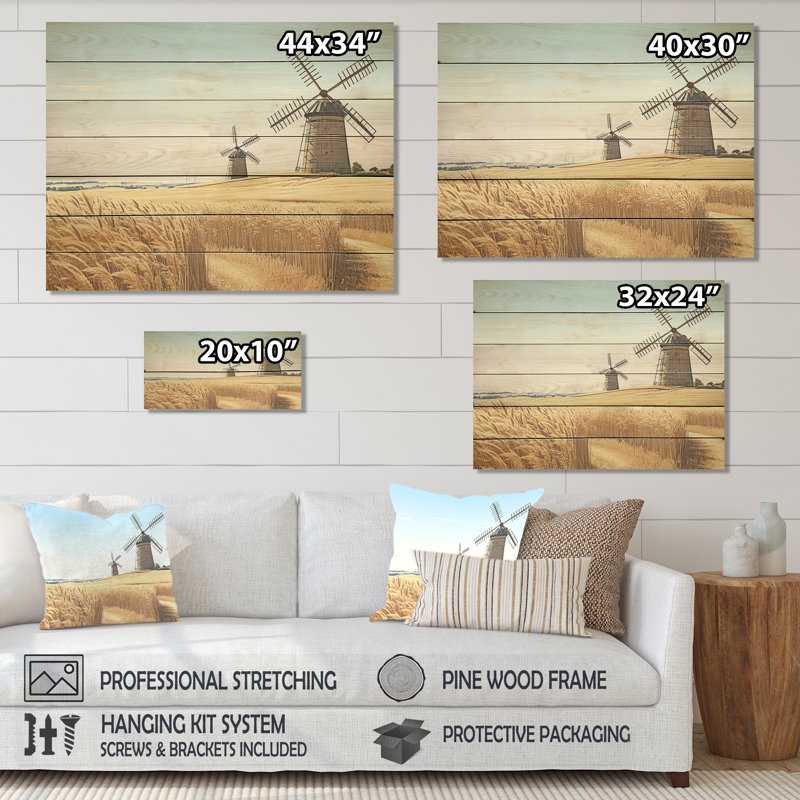 «Vintage Wind Mills Meadow Horizon» - Éoliennes sur bois, H 10 po x l 20 po
