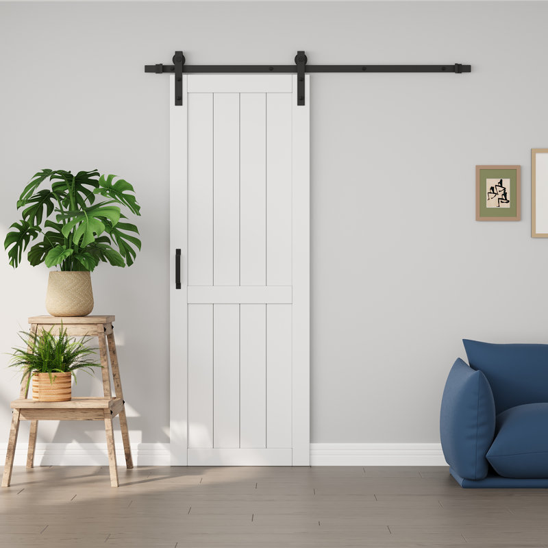 Porte de grange coulissante de 84 po en bois manufacturé massif apprêté à surface blanche avec portes de garde-robe intérieures à peindre avec trousse de quincaillerie (fermeture en douceur incluse)