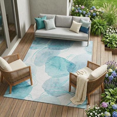 Tapis extérieur antidérapant lavable antidérapant 10 pi x 14 pi bleu sarcelle et ivoire