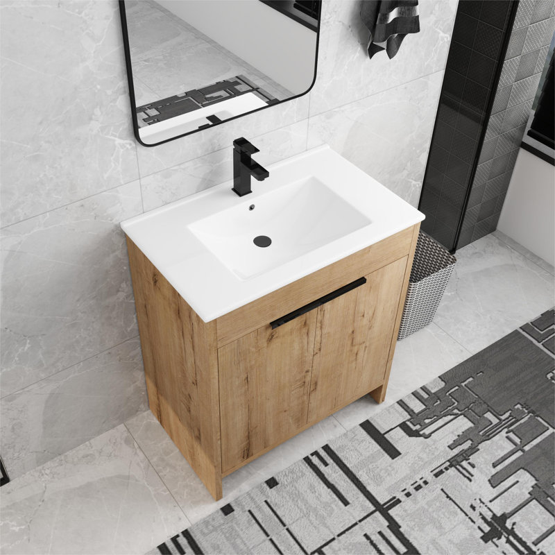 Balliet 30'' Free Standing Single Bathroom Vanity with Ceramic Top, Floor Standing Vanity with 2 Doors, 1 Adjustable Shelf