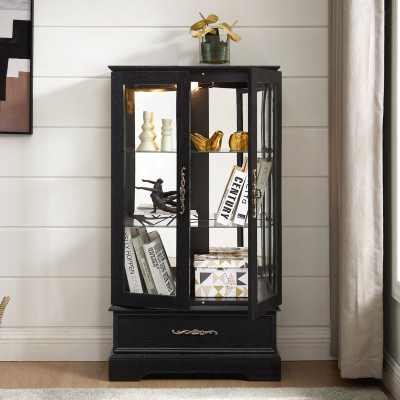 Black Lighted Glass Curio Cabinet With Adjustable Shelves, 2-Door Display Cabinet With Built-In Drawer And Bulb