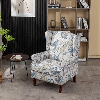 Chaise d'appoint moderne avec pieds en bois rétro, fauteuil rembourré confortable, canapé simple à motif floral pour le bureau de la chambre du salon - bleu floral
