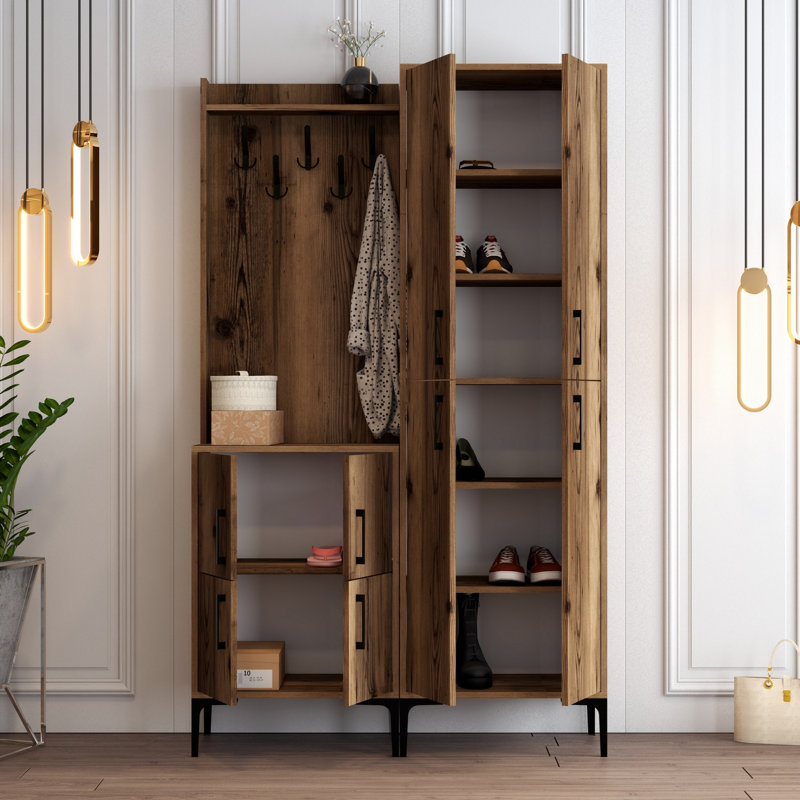Elegant Hall Stand with Metal Legs, Walnut Finish, 47.2 x 78.7 x 13.8 inches | 100% Melamine Coated Particle Board, Durable Hanging Coat Rack, Multiple Shelves, Wall-Mountable | Perfect for Rustic & Traditional Spaces