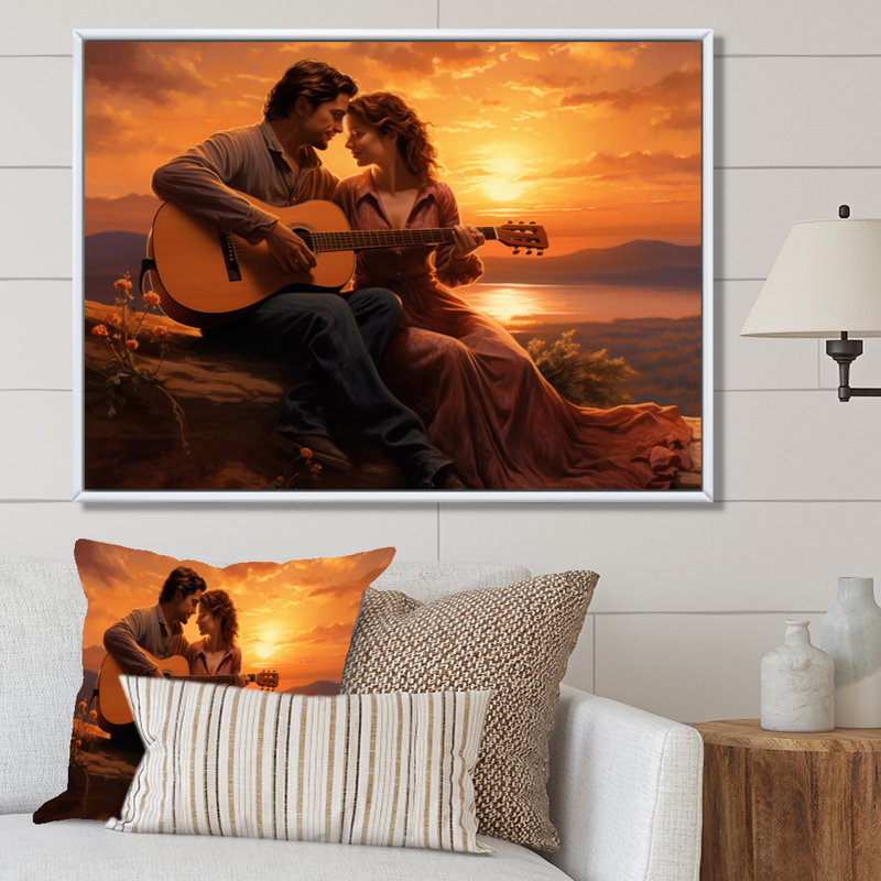 Romantic Couple Playing Guitar At Sunset - Romantic Landscape Canvas Wall Art, Cadre flottant blanc, 34" H x 44" W
