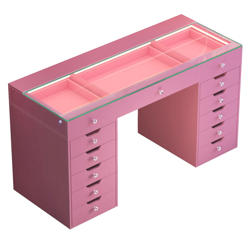 Paten Makeup Vanity HD Glass Top Built-in LED Light Strips Large 13 Drawers Diamond Handles USB and Type-C Latitude Run® 