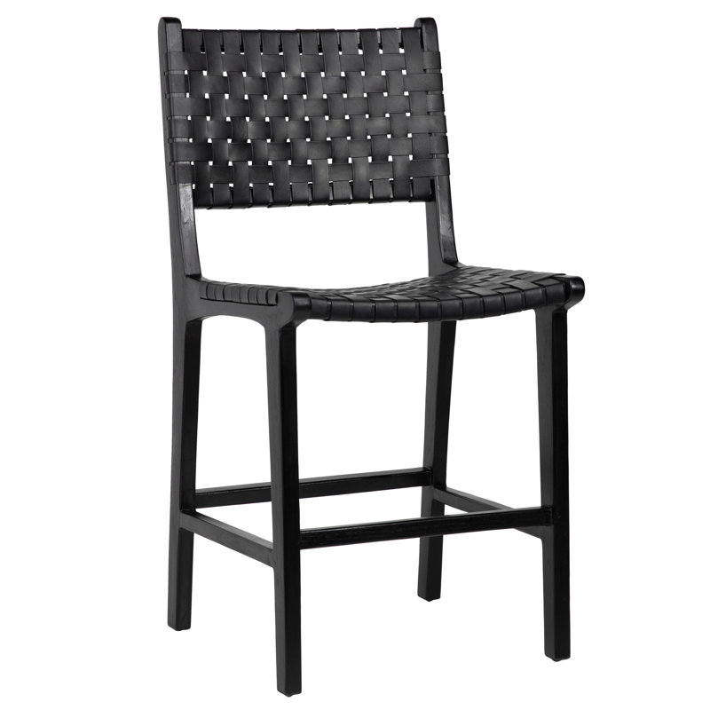 Dale Upholstered Bar Stool with Solid Wood Frame, Black Leather/Antique Black Frame