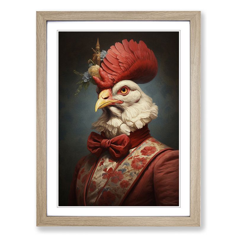 Chicken Romanticism - Single Picture Frame Print on Wood, Oak Framed, 46cm H x 34cm W x 2cm D